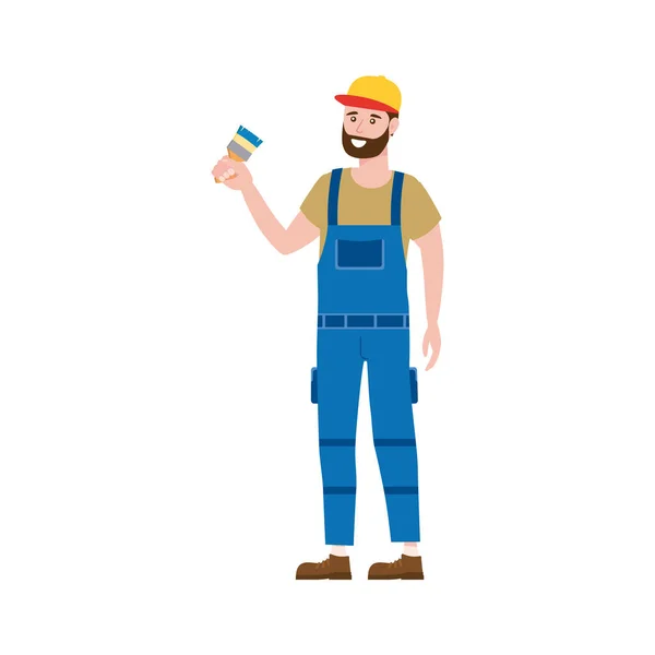 Pintor trabajador de la construcción con pincel en ropa de trabajo. Artesano carácter vector aislado — Vector de stock