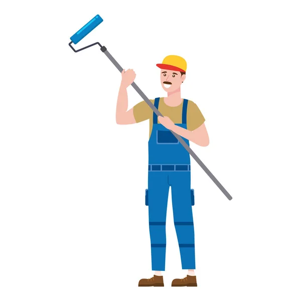 Pintor obrero de la construcción con cepillo de rodillos en ropa de trabajo. Artesano carácter vector aislado — Vector de stock