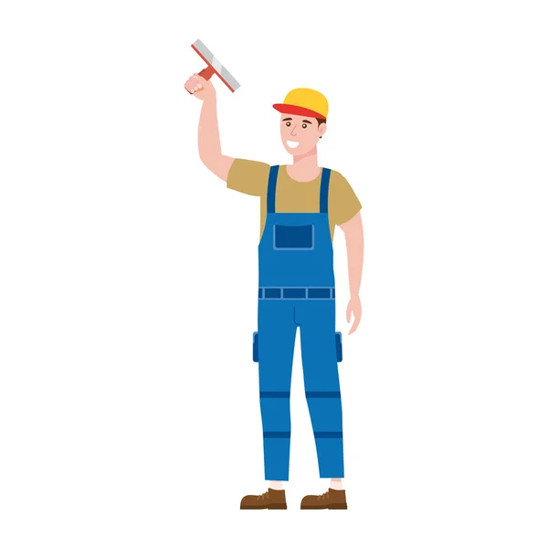 Trabajador de la construcción con herramienta de paleta de enlucido en ropa de trabajo. Artesano carácter vector aislado — Vector de stock