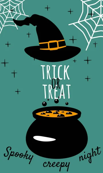 Свято Хеллоуїна вітальна листівка Trick or Treat. Відьомський капелюх котел. Банер шаблонів — стоковий вектор