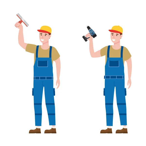 Conjunto de trabajadores de la construcción con destornillador inalámbrico, herramientas de paleta de enlucido en ropa de trabajo. Artesano carácter vector aislado — Vector de stock