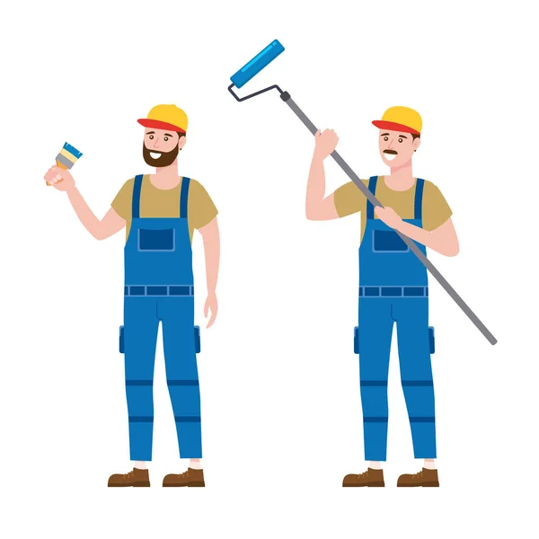 Set Pintor de trabajadores de la construcción con pincel y cepillo de rodillos en ropa de trabajo. Artesano carácter vector aislado — Vector de stock