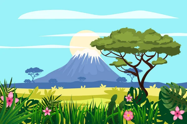 Afrykański krajobraz sawanny, góry, krajobraz dżungli deszczowej. Jasna flora z paprociami i kwiatami. Ilustracja wektora izolowany styl kreskówki — Wektor stockowy
