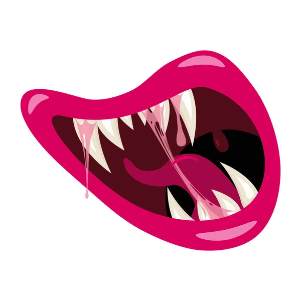 Boca monstruosa espeluznante y aterradora. Divertidas mandíbulas dientes lengua criaturas expresión monstruo horror. Vector aislado ilustración estilo de dibujos animados — Vector de stock