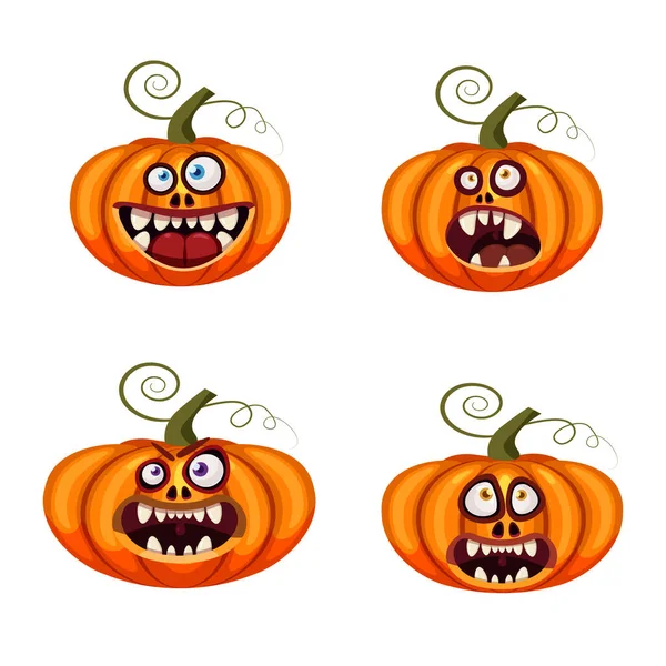 Set zucche Halloween facce divertenti aprire le bocche inquietante e spaventoso divertente mascelle teeths creature espressione mostri personaggi. Vettore isolato stile cartone animato — Vettoriale Stock