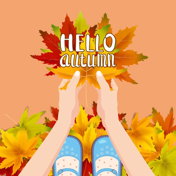 Sapatos azuis de mulheres em folhas de outono. Mãos segurando folhas de outono. Lettering Hello Autumn. Cartaz, ilustração vetorial banner isolado —  Vetores de Stock