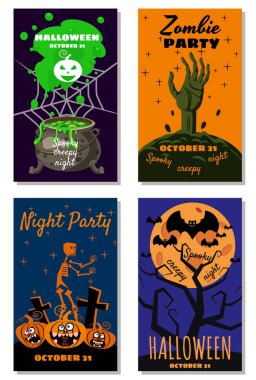 Cadılar Bayramı tebrik kartı hazırla neşeli balkabağı, örümcek ağı, ölüler, cadı, mezarlık, yarasalar