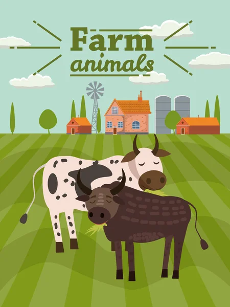 Krávy a býci jsou hospodářská zvířata. Pozadí venkovské krajiny. Vektorový ilustrační kreslený styl — Stockový vektor