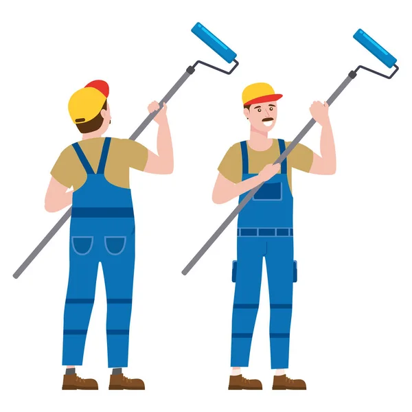 Pintor obrero de la construcción con cepillo de rodillos en ropa de trabajo. Vector de carácter artesano vista trasera y frontal aislado — Vector de stock