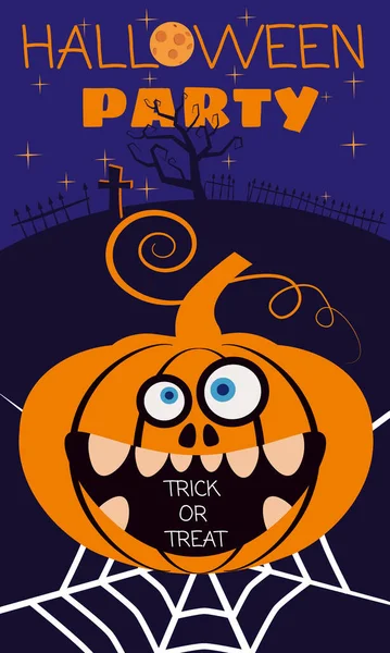 Halloween Fiesta de la tarjeta de felicitación feliz calabaza en tela de araña. Banner de plantilla, volante, cartel — Vector de stock