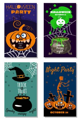 Cadılar Bayramı tebrik kartı hazırla neşeli balkabağı, örümcek ağı, ölüler, cadı, mezarlık