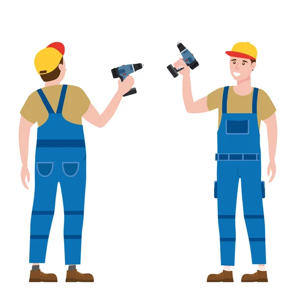 Bauarbeiter mit Akkuschrauber-Werkzeug in Arbeitskleidung. Rückseite und Vorderseite Handwerker Charakter Vektor isoliert — Stockvektor