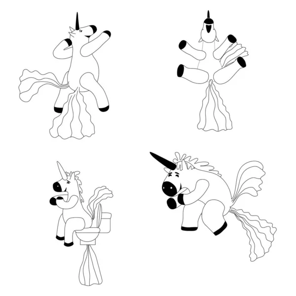 Set Unicorns zâmbind caca un curcubeu, fantezie personaj drăguț bestie rahat multicolor rahat, lineart. Ilustrație vectorială stil izolat doodle — Vector de stoc