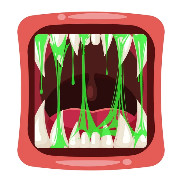 Mostro bocca raccapricciante e spaventoso. Buffo mascelle denti creature espressione mostro orrore saliva melma. Vettore isolato illustrazione stile cartone animato — Vettoriale Stock