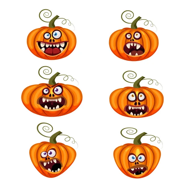 Set zucche Halloween facce divertenti aprire le bocche inquietante e spaventoso divertente mascelle teeths creature espressione mostri personaggi. Vettore isolato stile cartone animato — Vettoriale Stock