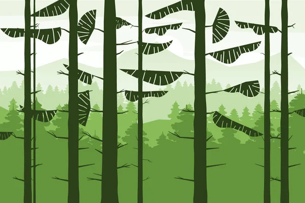 Orman kozalaklı ağaç gövdeleri siluet, yaz ağaçlarının tepeleri. Vektör çizimi izole edildi — Stok Vektör