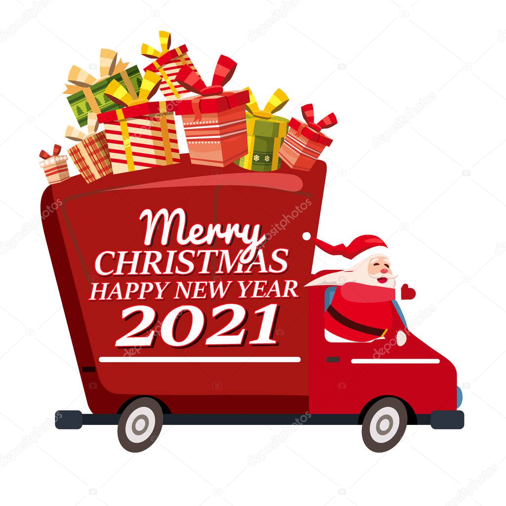 Santa Claus Van with text Merry Christmas and Happy New Year 2021 delivering shipping gifts. Flat cartoon style vector illustration