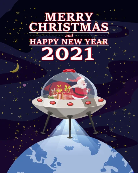 Santa Claus Van s textem Veselé Vánoce a šťastný Nový rok 2021 létání v UFO vesmírné lodi létající talíř doručující přepravní dárky — Stockový vektor