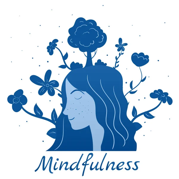 Mindfullness meditatie vrouw mediteren. Mentale rust en zelfbewustzijn flora concept. Vectorillustratie geïsoleerd — Stockvector