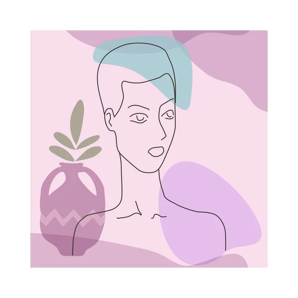 Portrate ligne femme dans le style minimaliste moderne à la mode. Forme abstraite pastel couleurs chaudes, fleurs, vase. Plan modifiable — Image vectorielle