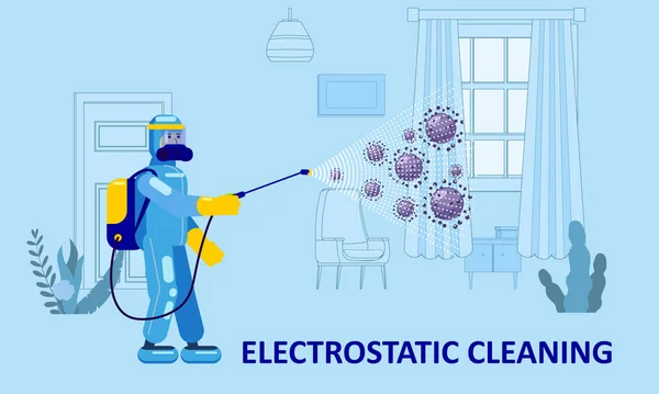 Désinfection électrostatique Service de nettoyage. Homme habillé en uniforme dans une combinaison spéciale avec un équipement avec pulvérisation électrostatique conduit la désinfection dans le salon — Image vectorielle