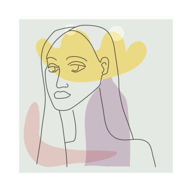 Modern minimalist tarzda kadın çizgisi. Soyut şekil pastel sıcak renkler, çiçekler, vazo. Düzenlenebilir özet
