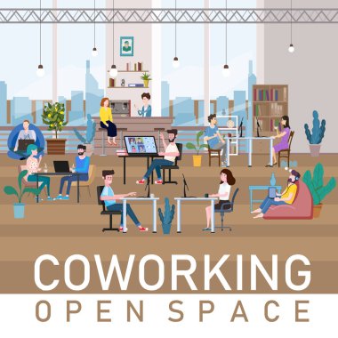 Uzay Ofisi 'nin iç mekânlarında çalışan insanlar modern birlikte çalışan yaratıcı iş yerlerinde konuşuyorlar ve çalışıyorlar. Vektör İllüstrasyonu