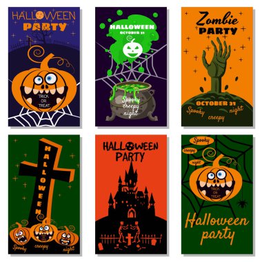 Cadılar Bayramı tebrik kartı hazırla neşeli balkabağı, örümcek ağı, ölüler, cadı, mezarlık