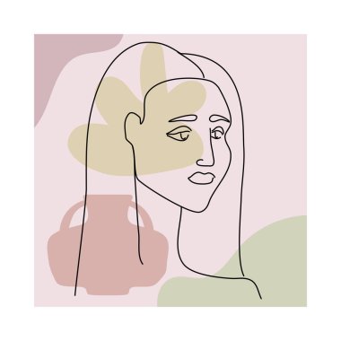 Modern minimalist tarzda kadın çizgisi. Soyut şekil pastel sıcak renkler, çiçekler, vazo. Düzenlenebilir özet