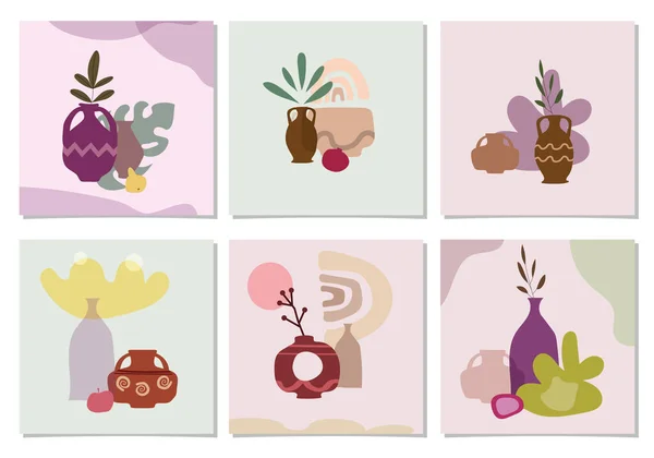 Conjunto de cartão com folhas de palma exóticas e vasos abstratos. Colagem na moda ainda frutos vaso vida abstrato forma contemporânea texturas minimalismo em cores pastel. Banner, cartaz, modelos de mídia social — Vetor de Stock