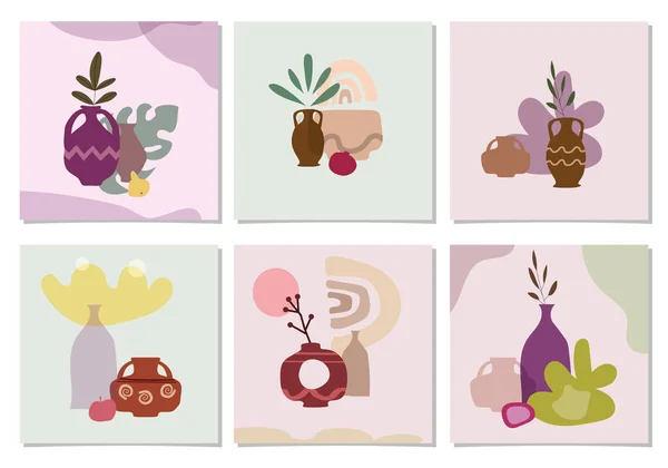 Set kaarten met exotische palmbladeren en abstracte vazen. Trendy collage stilleven vaas vruchten abstract hedendaagse vorm texturen minimalisme in pastel kleuren. Banner, poster, social media sjablonen — Stockvector