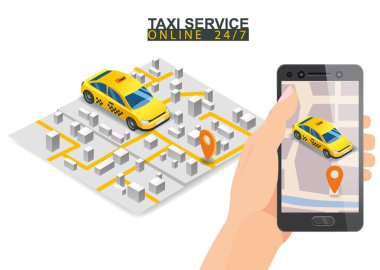 Taksi servisi izometrik. Şehir haritası güzergahı ve sarı konumu olan akıllı telefon. Taksi uygulaması ekrana geliyor. Çevrimiçi mobil uygulama taksi servisi. Taksi için vektör illüstrasyonu