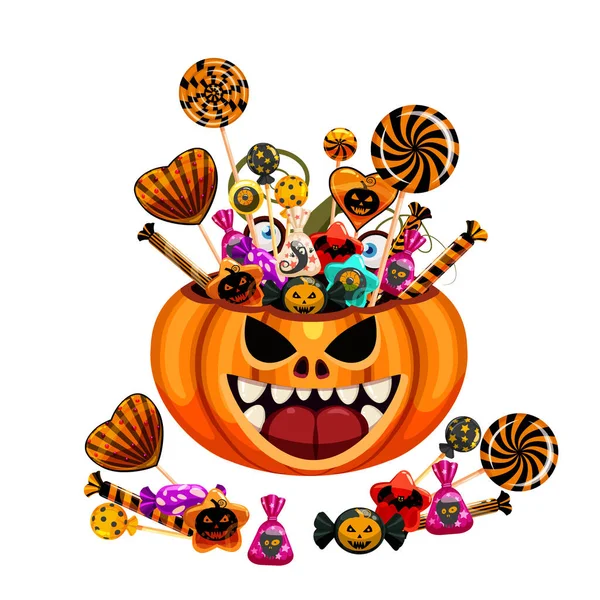 Cesta de saco de abóbora de Halloween cheia de doces e doces. Outono outubro feriado tradição celebração banner cartaz modelo. Ilustração vetorial isolada — Vetor de Stock