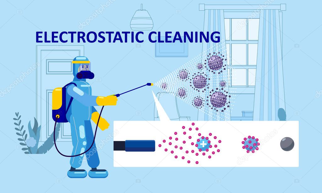 Electrostatic Disinfection Cleaning service. Man dressed in uniform in a special suit with equipment with electrostatic spray conducts disinfection in the living room
