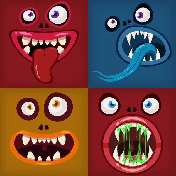 Set Monsters bocche raccapricciante e spaventoso. Divertenti mascelle denti lingua creature espressione mostro orrore bava bava. Vettore isolato illustrazione stile cartone animato — Vettoriale Stock