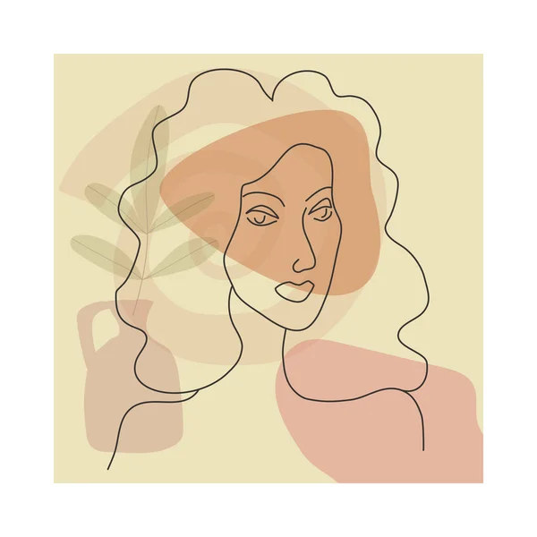 Portrate ligne femme dans le style minimaliste moderne à la mode. Forme abstraite pastel couleurs chaudes, fleurs, vase. Plan modifiable — Image vectorielle