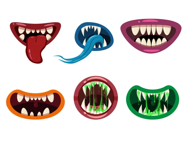 Set Monsters mulut menyeramkan dan menakutkan. Rahang yang lucu, lidah makhluk mengekspresikan lendir monster horor. Gaya kartun ilustrasi vektor terisolasi - Stok Vektor