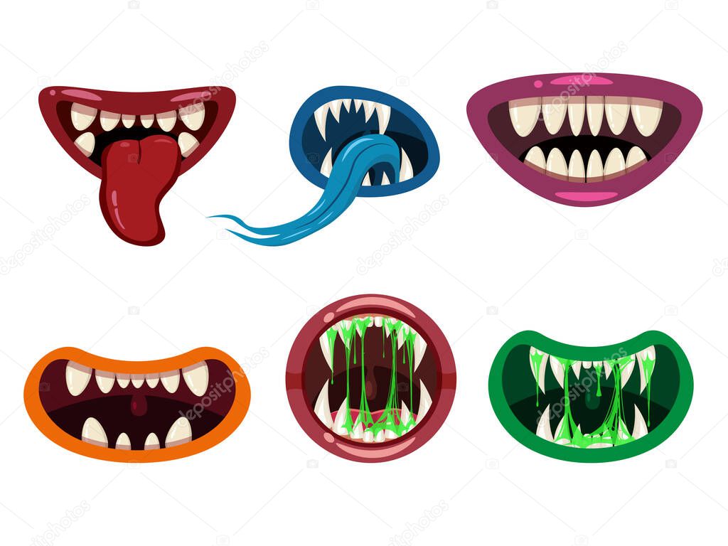 Set Monsters mouths creepy and scary. Funny jaws teeths tongue creatures expression monster horror saliva slime. Vector isolated illustration cartoon style