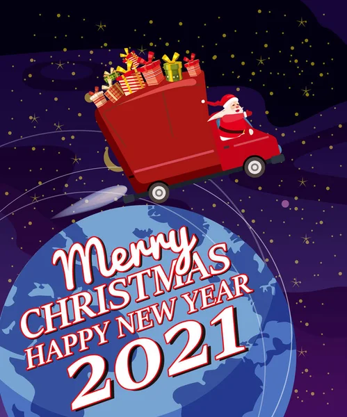 Santa Claus Van s textem Veselé Vánoce a šťastný nový rok 2021 letí noční oblohou nad Zemí doručující dárky. Ploché kreslené vektorové ilustrace — Stockový vektor