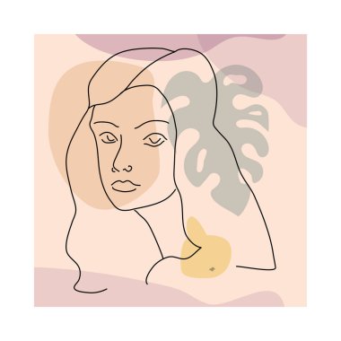 Modern minimalist tarzda kadın çizgisi. Soyut şekil pastel sıcak renkler, çiçekler, vazo. Düzenlenebilir özet