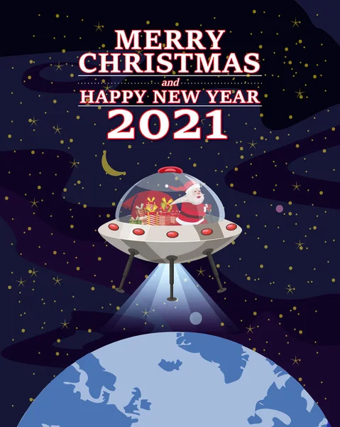 Santa Claus Van s textem Veselé Vánoce a šťastný Nový rok 2021 létání v UFO vesmírné lodi létající talíř doručující přepravní dárky — Stockový vektor