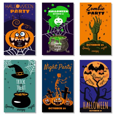 Cadılar Bayramı tebrik kartı hazırla neşeli balkabağı, örümcek ağı, ölüler, cadı, mezarlık