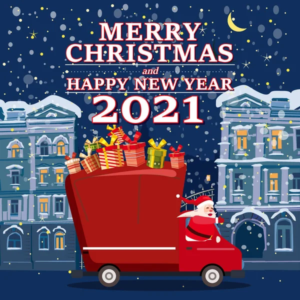 Santa Claus Van s textem Veselé Vánoce a šťastný nový rok 2021 přináší dárky pozadí noc zimní staré město. Ploché kreslené vektorové ilustrace — Stockový vektor