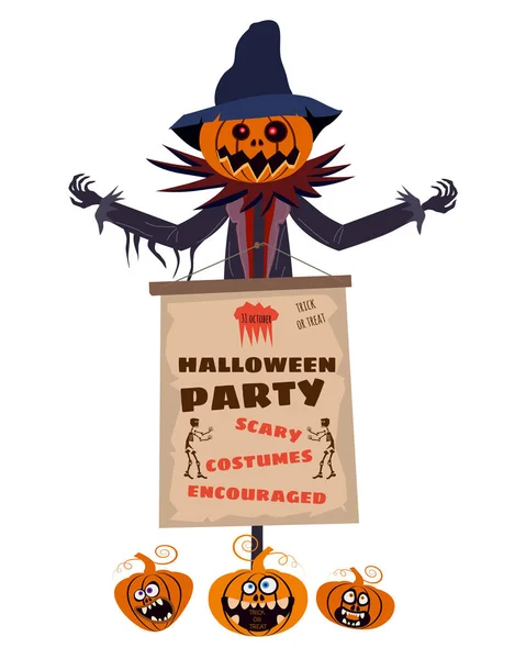 Postavu strašáka Halloween s dýní Jacka O Lanterna v roztrhaném kabátě s plakátem Happy Halloween. Izolované na bílém pozadí kreslený styl — Stockový vektor