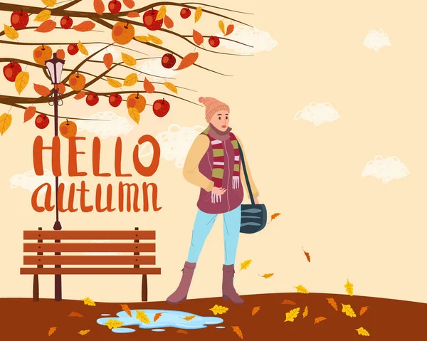 Jovem mulher na cidade do parque de outono, roupas da moda rua moda estilo outwear feminino, humor queda. Lettering Hello Autumn. Estilo vetorial na moda isolado — Vetor de Stock