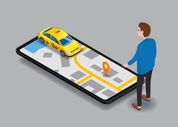 Taxi szolgáltatás izometrikus. Man near smartphone screen with city map route and points location yellow car. Online mobil alkalmazás rendelés taxi szolgáltatás. Vektor illusztráció taxi szolgáltatás hirdetés — Stock Vector