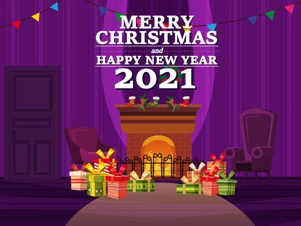 Veselý vánoční interiér obývacího pokoje s vánočním stromečkem, dárky a krbem, okno, nábytek, vánoční věnec, dekorace. Vektorová ilustrace izolovaný kreslený styl — Stockový vektor
