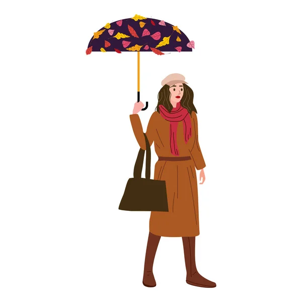Ung kvinna i höst park stad med paraply, trendiga kläder gata fashionabla stil outwear kvinnliga, falla humör. Trendig vektor stil isolerad — Stock vektor