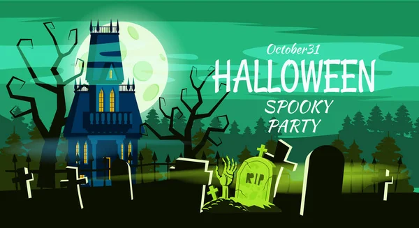 Buon Halloween solitario spaventoso abbandonato sepolture cimitero palazzo. Vettore isolato stile cartone animato — Vettoriale Stock