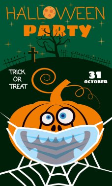 Cadılar Bayramı Balkabağı, karantina sırasında koronavirüsten alınmış tıbbi yüz maskesi takıyor, sonbahar tatilinde Azizler Günü 'nde Örümcek Ağı Mezarlığı' nda. Poster tebrik kartı. Vektör çizimi izole edildi